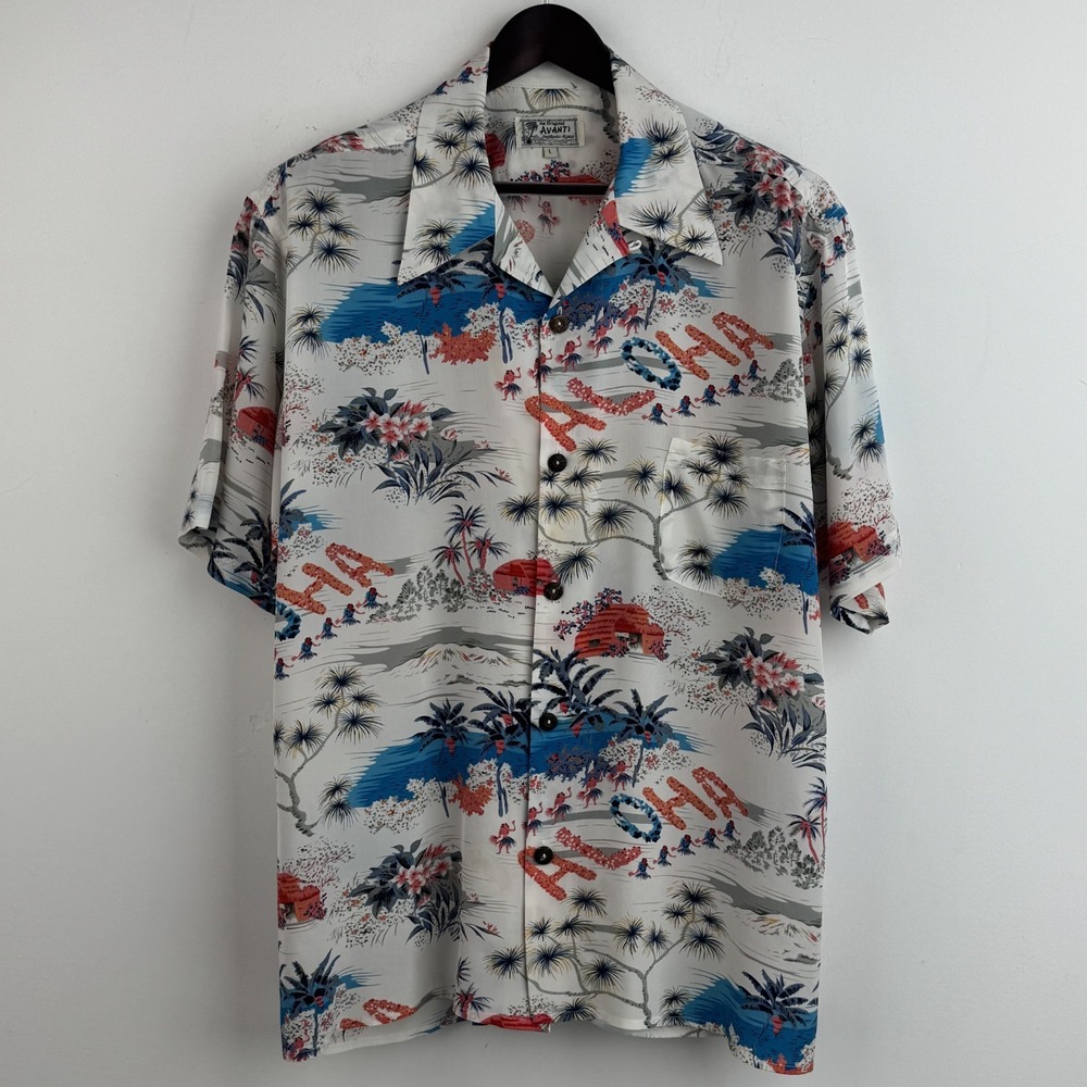 Avanti Hawaiian Shirt Men's L White 100% Silk Aloha Lei Hula Camp Collar Resort